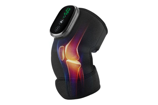 Fitlybuy black thermal knee massager with digital display, shown over a glowing anatomical illustration of a knee joint.