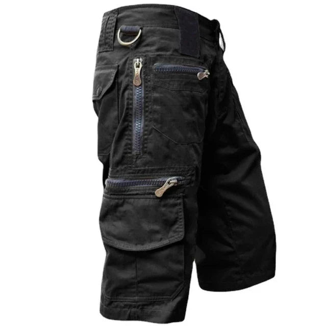Fitlybuy black men's cargo shorts featuring side zipper pockets, D-ring attachment, and durable outdoor utility design.