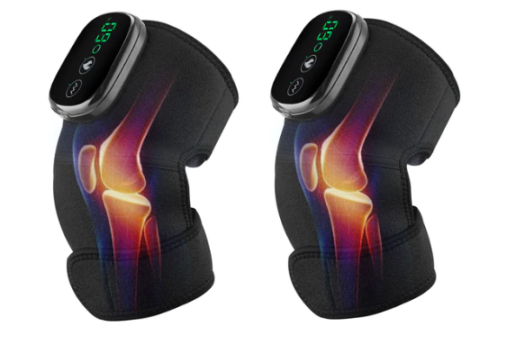 Two black Fitlybuy thermal knee massagers with digital displays showing knee anatomy heat therapy on a white background.