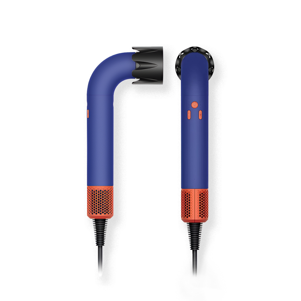 Fitlybuy HairSonic blue and orange L-shaped professional hair dryer shown from side and back on a white background.