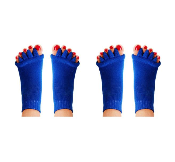 Fitlybuy blue toe separator socks with ComfortFlex gel cushioning worn on feet with red-painted toenails.