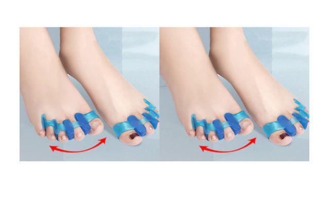 Blue Fitlybuy silicone toe separators worn on feet to improve posture and alignment, shown with movement arrows.