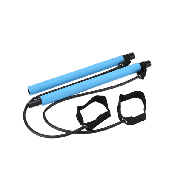 Blue Fitlybuy Pilates bar with black resistance bands and foot straps against a plain white background.