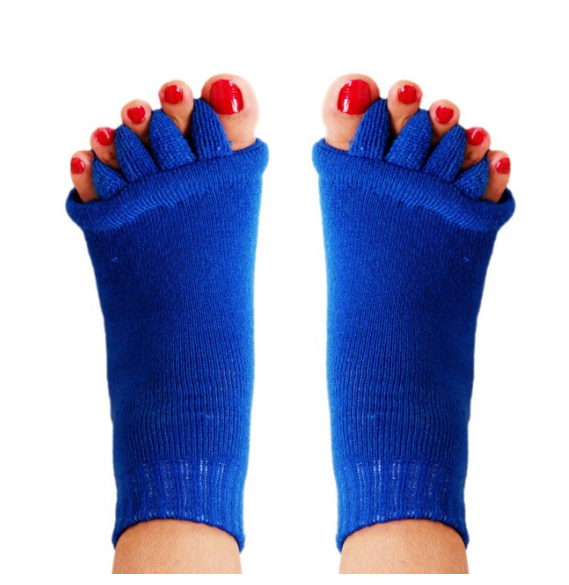 Fitlybuy blue toe separator socks with ComfortFlex gel cushioning worn on feet with red-painted toenails.