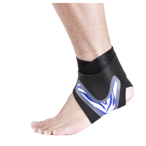 Fitlybuy black ankle brace with blue and white FlexiGuard stabilization worn on a foot against a white background.