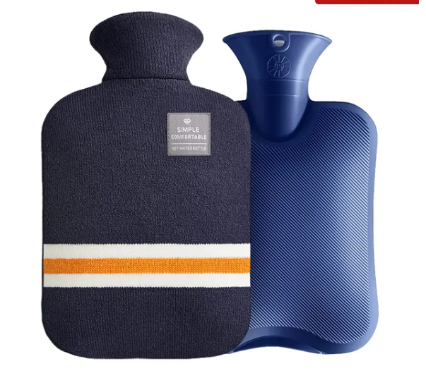 Fitlybuy navy blue hot water bag with ThermoFlex cover, white and orange stripes, and a ribbed blue rubber bottle.