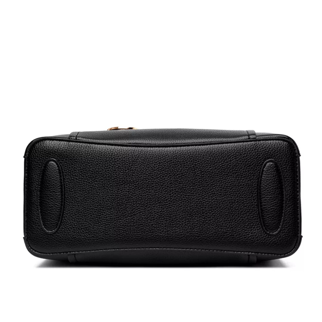 Bottom view of a black pebbled PU leather Fitlybuy Vivian luxury shoulder bag with protective feet, isolated on white.