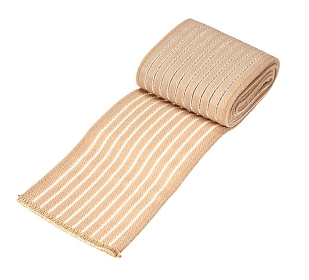 Beige Fitlybuy elastic compression bandage with white stripes, rolled partially out against a white background.