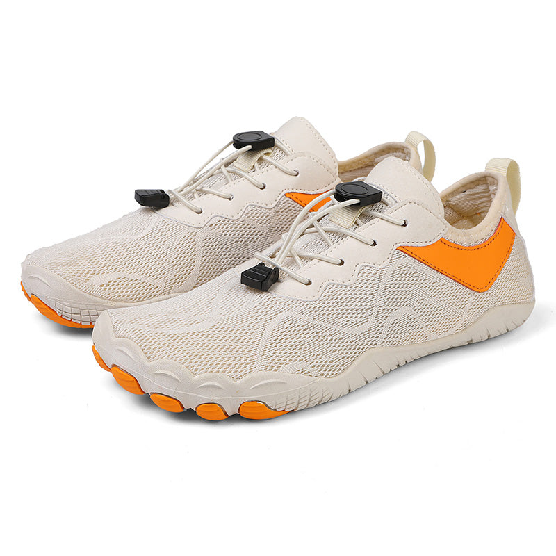 Beige Fitlybuy AquaStep barefoot water shoes with orange accents, mesh upper, speed lacing, and UltraGrip traction sole.