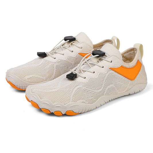 Beige Fitlybuy AquaStep barefoot water shoes with orange accents, mesh upper, speed lacing, and UltraGrip traction sole.