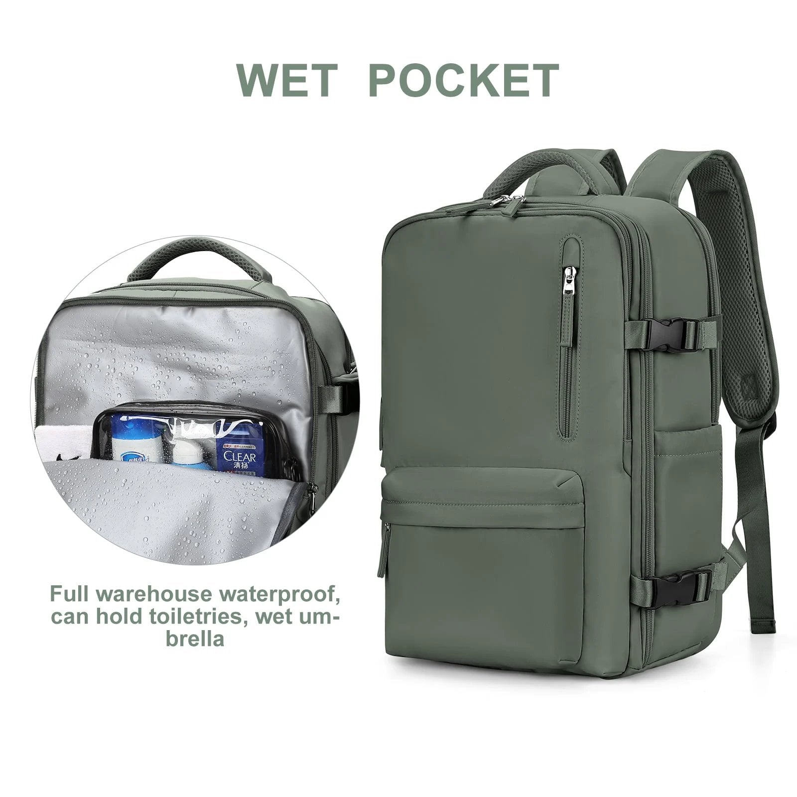 Olive green Fitlybuy travel backpack showing an exterior view and an interior waterproof wet pocket for toiletries.