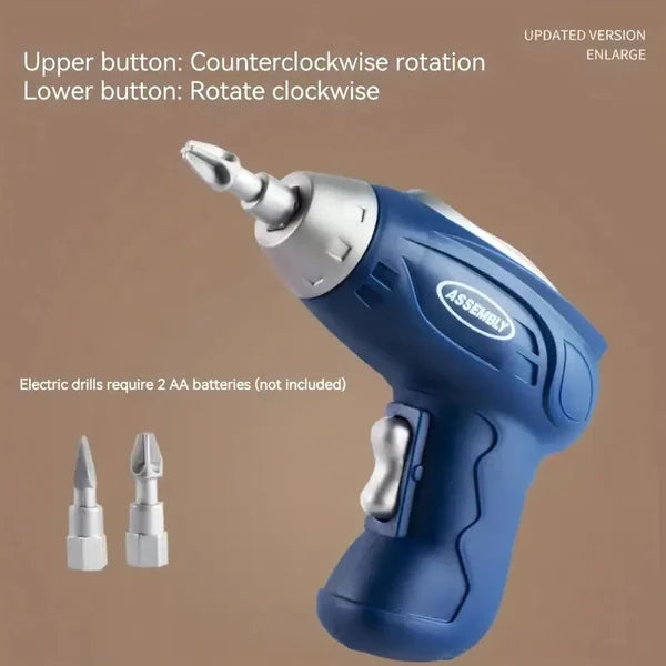 Fitlybuy WonderBuild blue toy power drill with interchangeable bits, featuring buttons for clockwise/counter rotation.