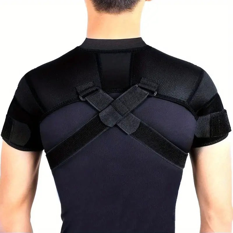 Fitlybuy dual shoulder compression wrap in black with crisscross adjustable straps worn on a person’s back.