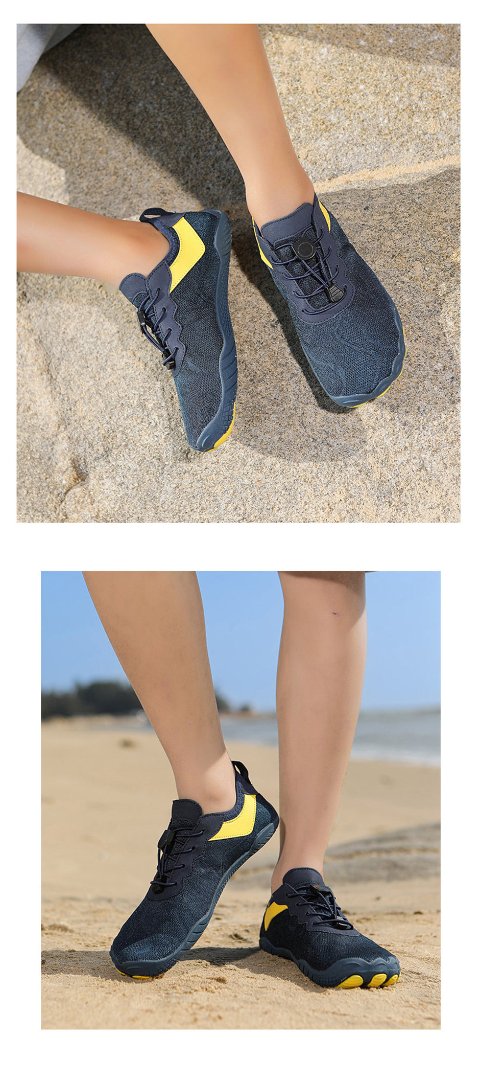 Fitlybuy AquaStep non-slip barefoot shoes in dark blue and yellow on sandy beach. Quick-drying unisex water shoes.