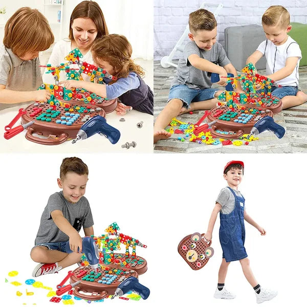 Children building with Fitlybuy WonderBuild STEM toy set, featuring a carry case, colorful blocks, and toy drills.