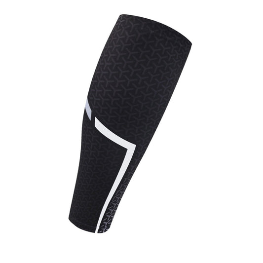 Fitlybuy AMS black calf compression sleeve with geometric pattern and white stripe accent on a plain white background.