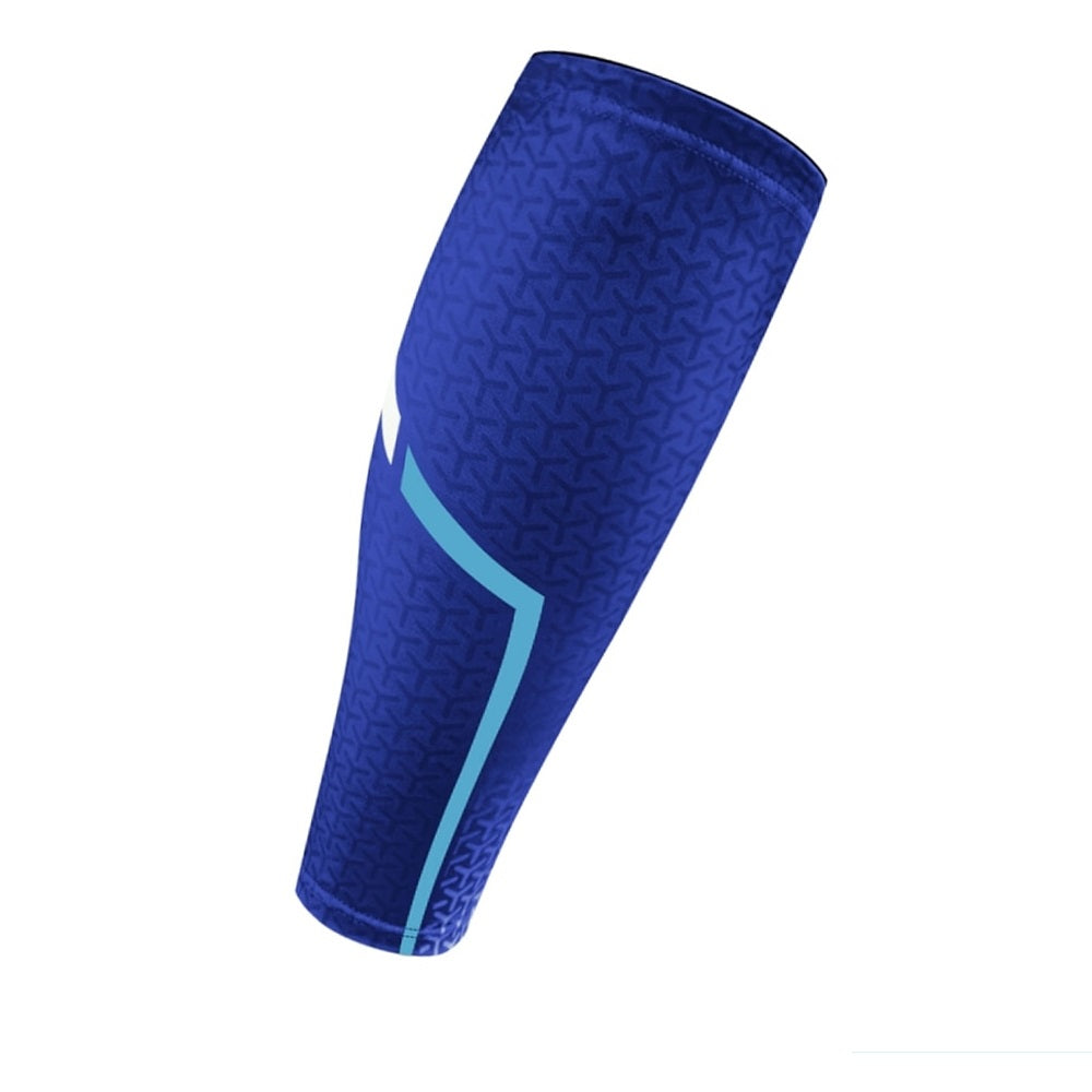 Blue Fitlybuy AMS calf compression sleeve featuring a geometric pattern and light blue accent stripes on a white background.