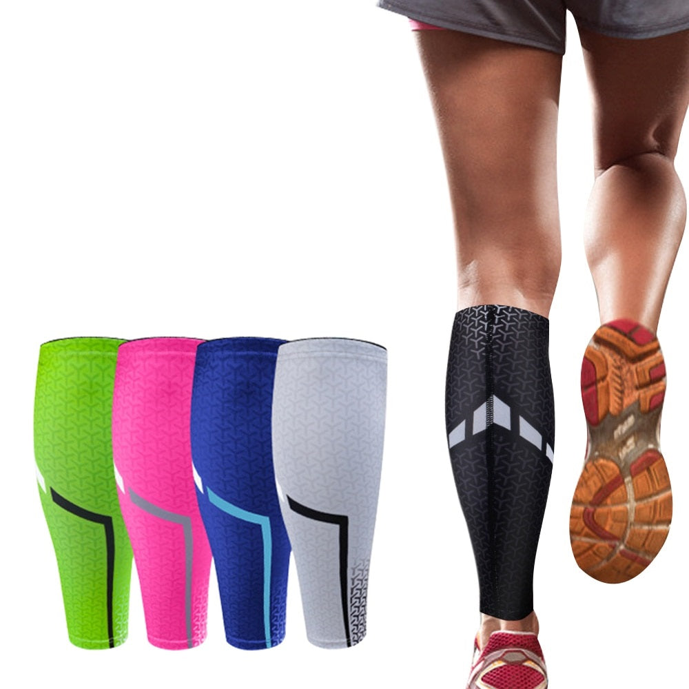 Fitlybuy AMS calf compression sleeves in black, green, pink, blue, and white with geometric patterns worn by a runner.