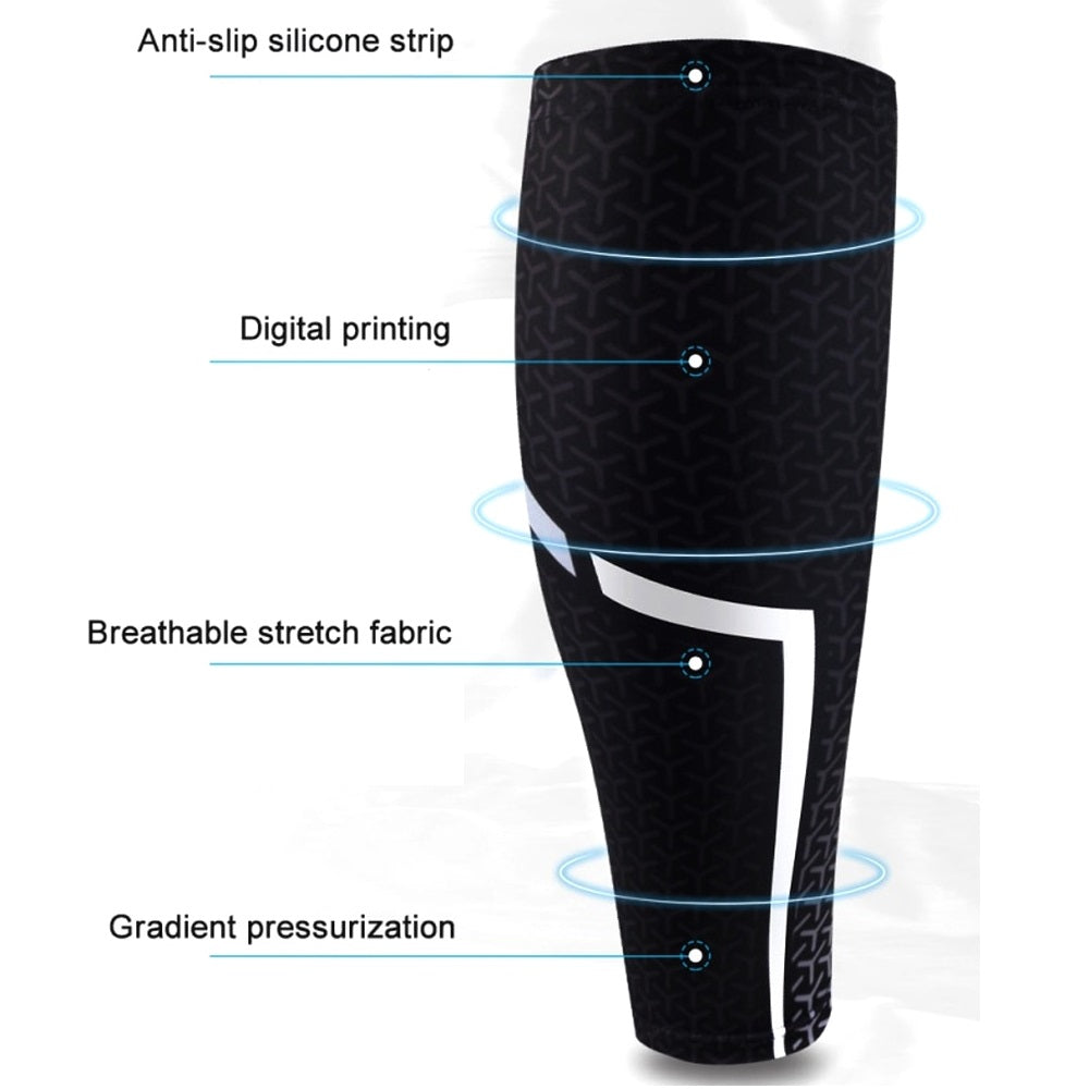 Fitlybuy black calf sleeve with geometric pattern, featuring anti-slip silicone, breathable fabric, and compression tech.