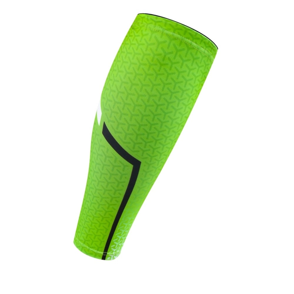 Fitlybuy lime green calf compression sleeve with a repeating geometric pattern and black accent stripes.