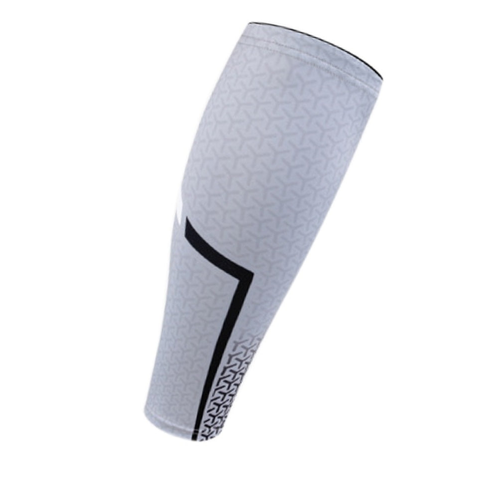 Fitlybuy AMS grey calf compression sleeve with geometric pattern and black accent stripes against a white background.
