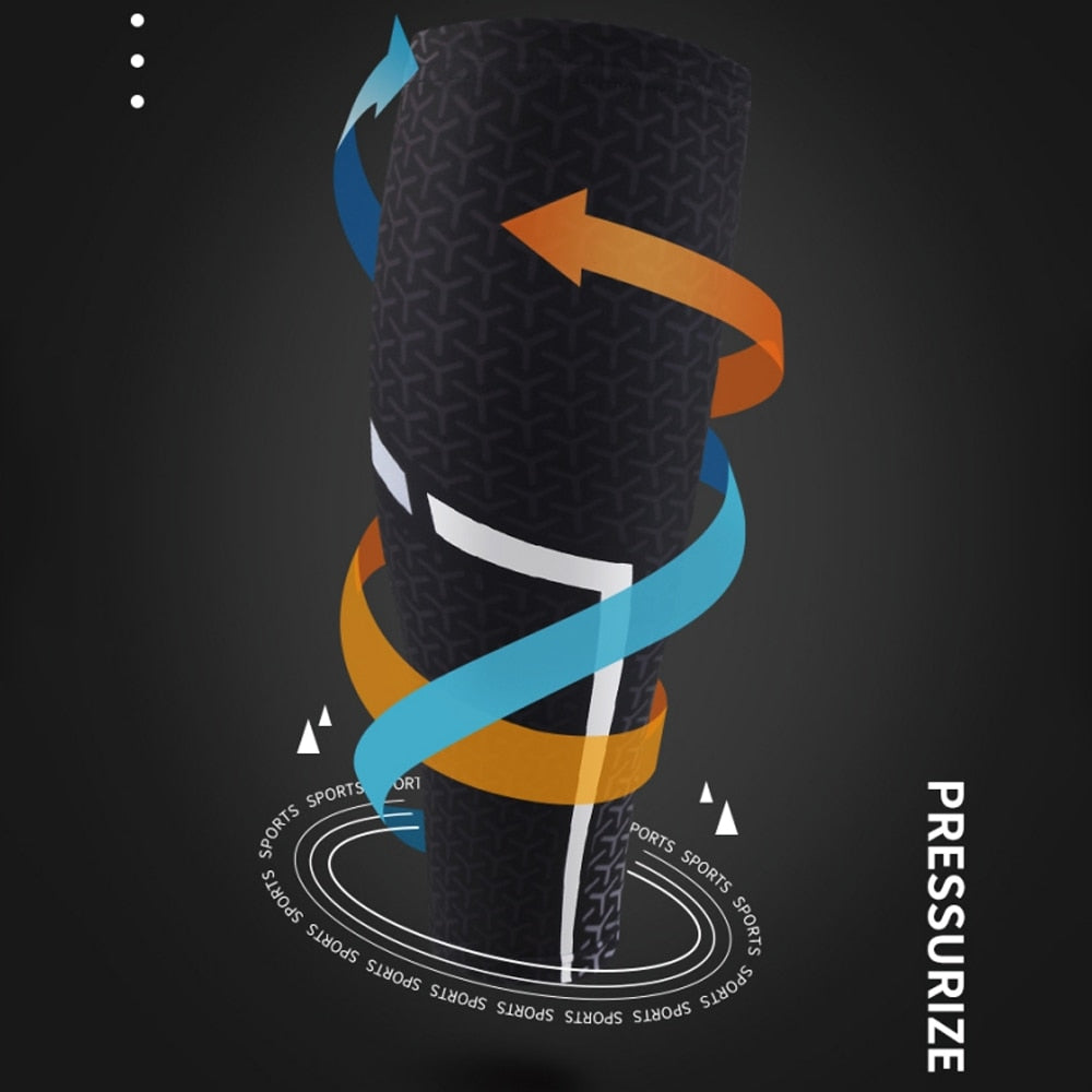Black Fitlybuy AMS calf compression sleeve with geometric pattern, support arrows, and "PRESSURIZE" text on dark background.