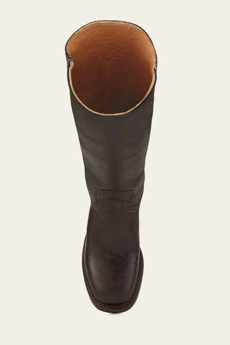 Top view of dark brown Fitlybuy Agatha leather boots with a smooth finish, round toe, and tan interior lining.