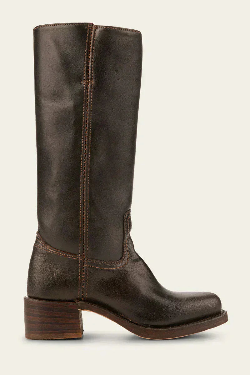 Fitlybuy Agatha women’s dark brown leather knee-high boots with a low stacked heel and refined, comfortable design.