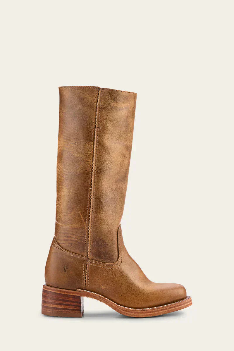 Tan leather Agatha tall boots by Fitlybuy with a stacked block heel, rounded toe, and stitched detail on white.