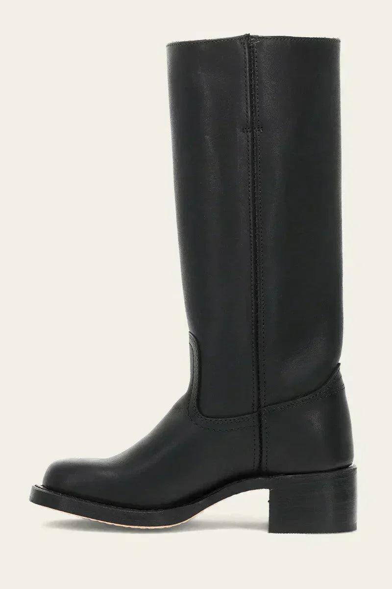 Fitlybuy Agatha women’s black leather knee-high boots with a low block heel and clean, minimalist stitching.