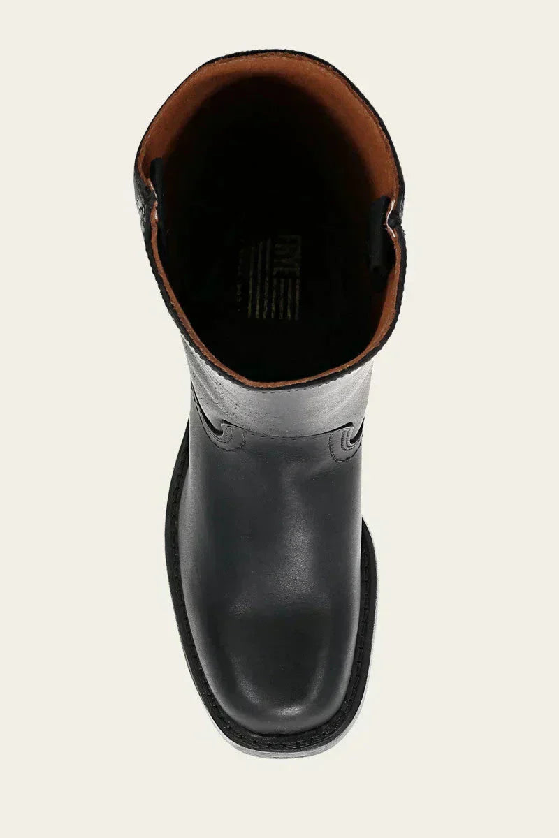 Top-down view of a black Fitlybuy Agatha leather boot featuring a tan lining and classic rounded-toe design.