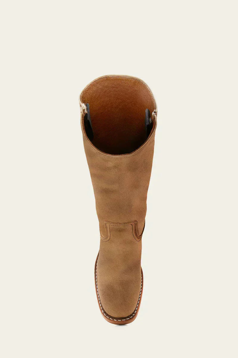 Top-down view of Fitlybuy Agatha tan leather boots featuring stitched detailing and ComfortFit technology.
