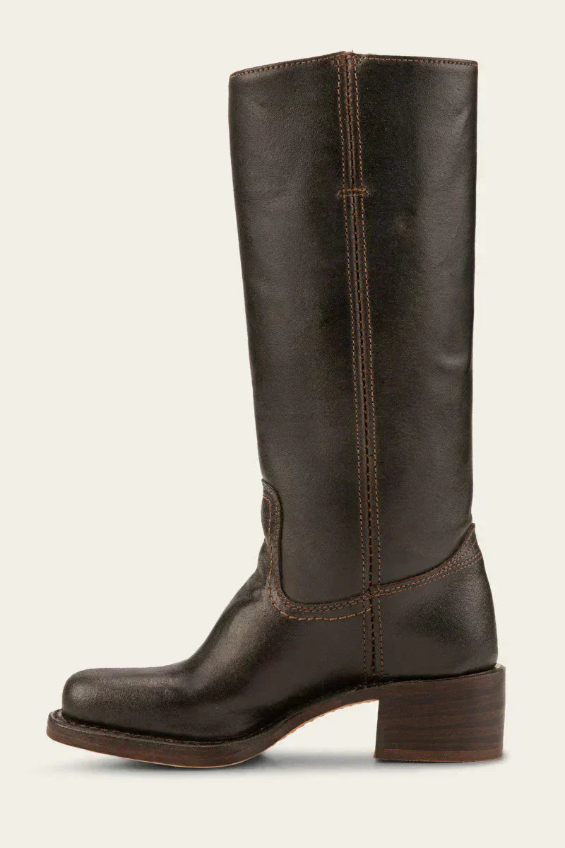 Fitlybuy Agatha women’s dark brown leather knee-high boots featuring a stacked block heel and elegant stitched design.