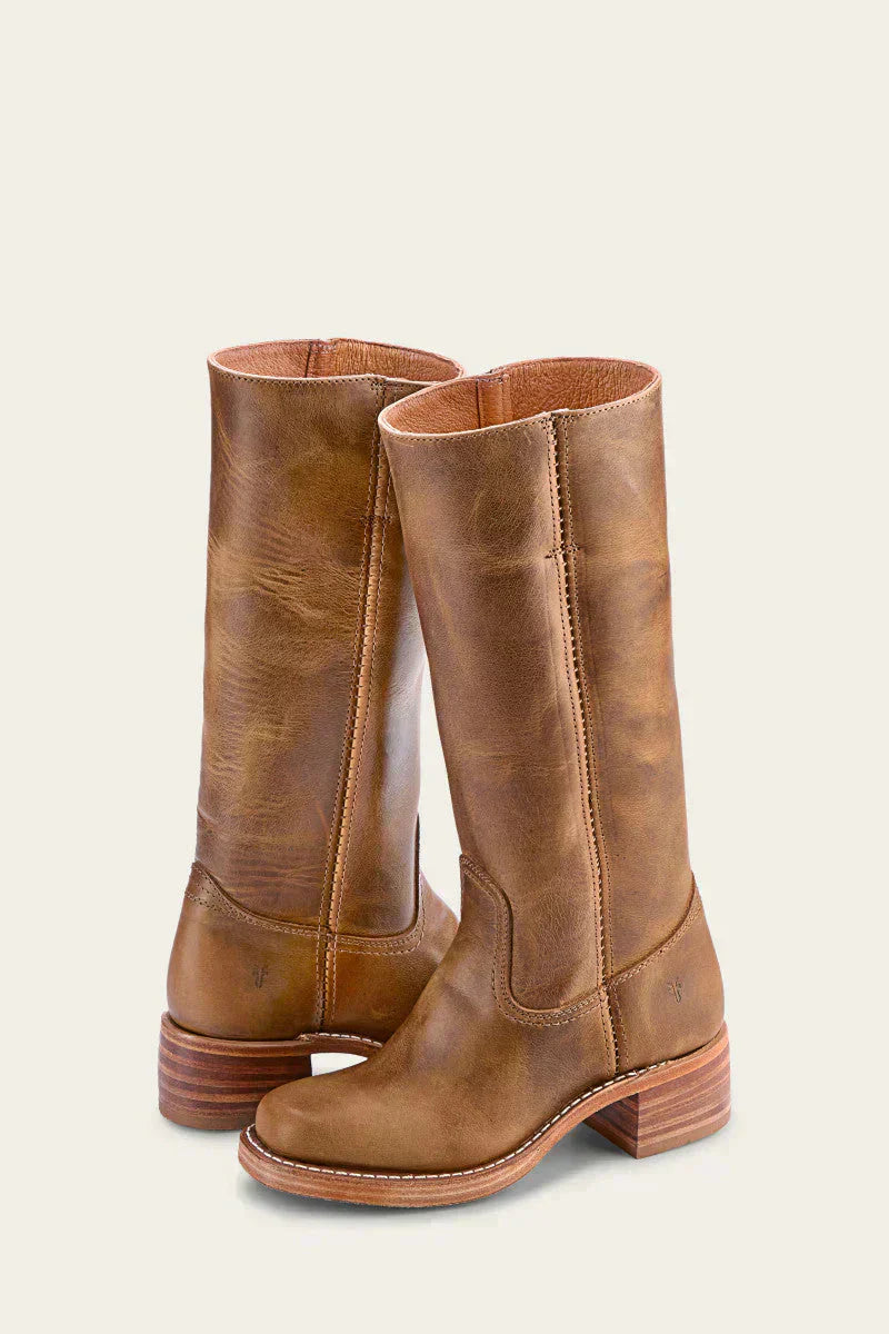 Fitlybuy Agatha women’s tan leather mid-calf boots with a stacked heel and elegant, comfortable design.
