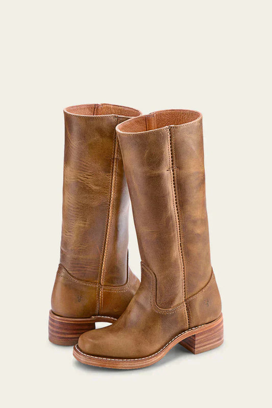 Fitlybuy Agatha women’s tan leather mid-calf boots with a stacked heel and elegant, comfortable design.
