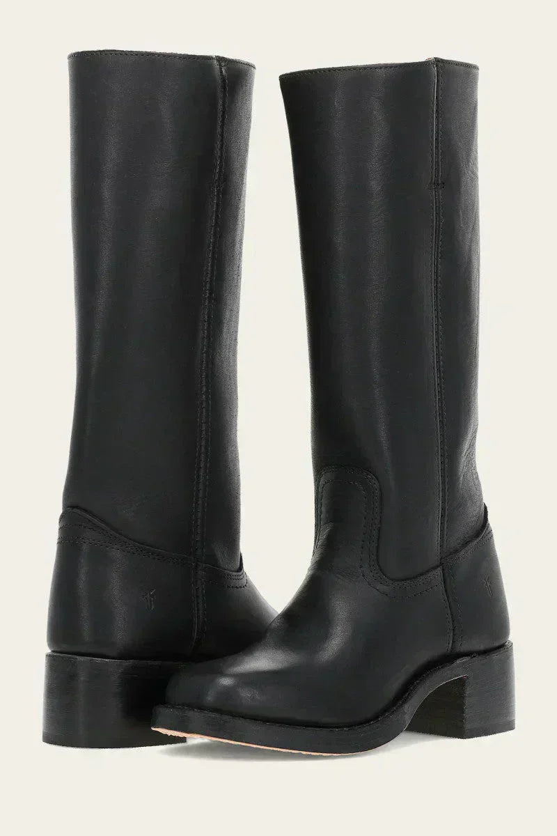 Fitlybuy Agatha women’s black leather knee-high boots with a block heel and elegant, sleek design on a white background.