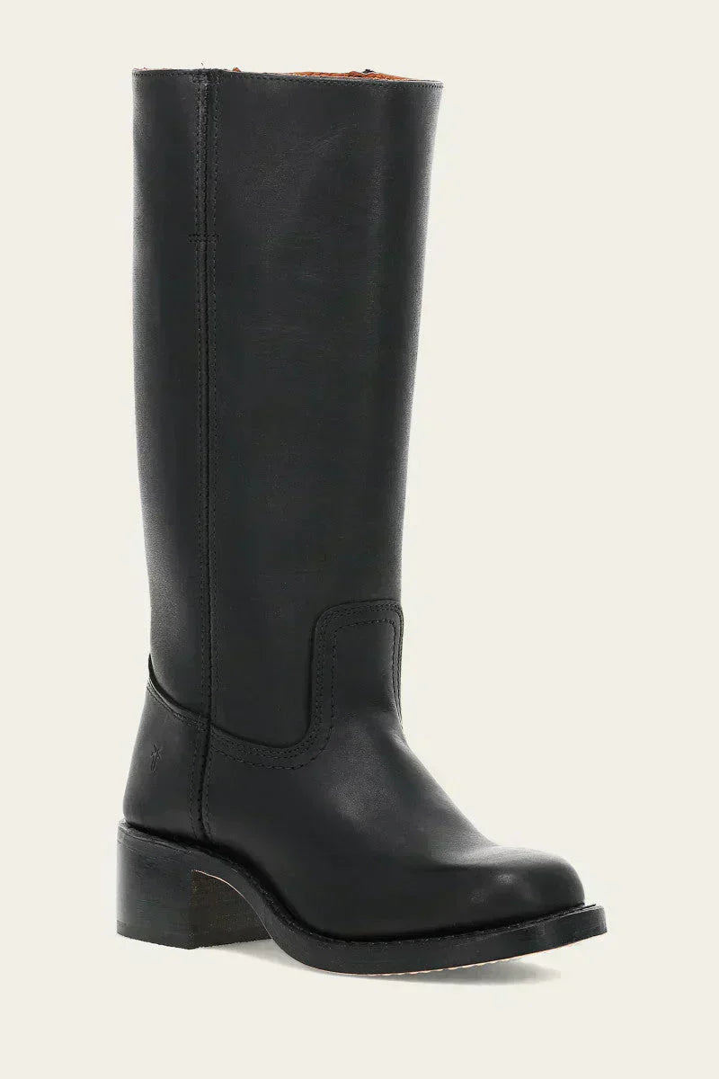 Fitlybuy Agatha women’s black leather knee-high boot with a block heel and elegant, minimalist design.