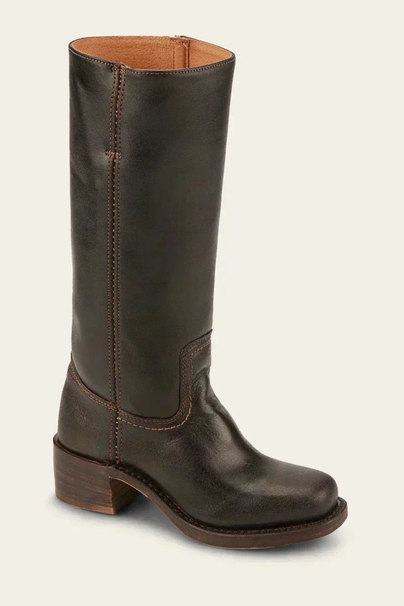 Fitlybuy Agatha women’s dark brown leather knee-high boots featuring a sturdy block heel and ComfortFit design.