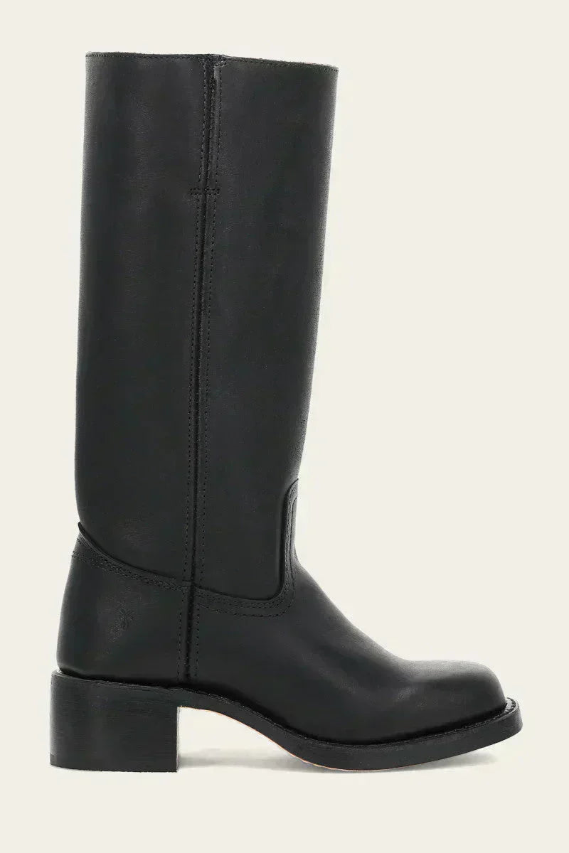 Fitlybuy Agatha black leather knee-high boot with a block heel and sleek, minimalist design on a plain background.