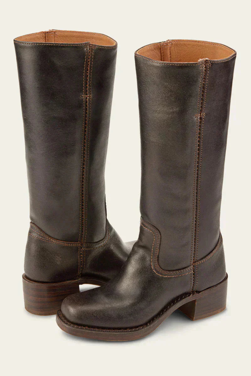 Fitlybuy Agatha women's dark brown leather mid-calf boots with contrast stitching and low stacked heels.