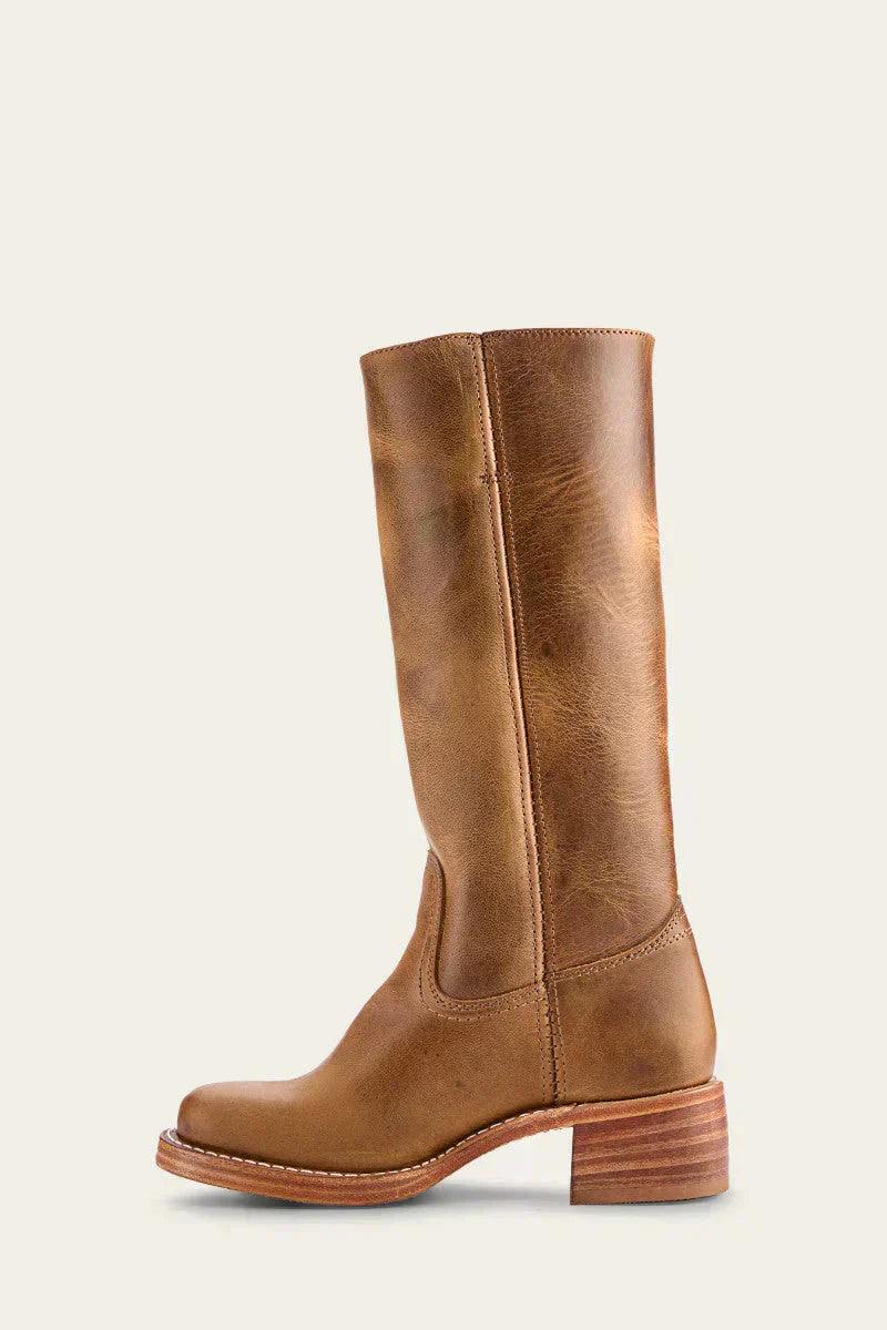 Fitlybuy Agatha women’s tall tan leather boots with a stacked heel, featuring an elegant, comfortable design.