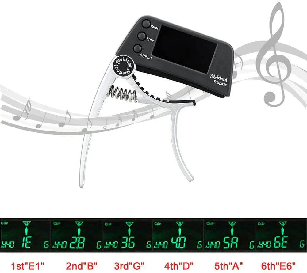 Silver metal 2-in-1 guitar capo and digital tuner with black LCD screen display on a white musical note background.