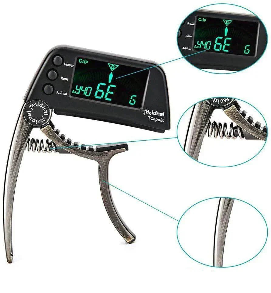 Fitlybuy 2-in-1 bronze guitar capo with digital tuner featuring a glowing green LCD display and spring-loaded grip.