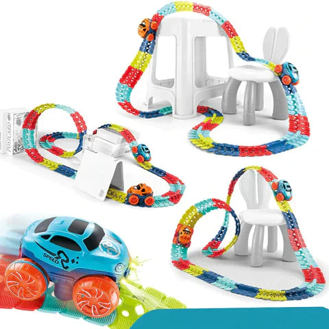 Fitlybuy MagniTrack: Colorful, flexible magnetic car tracks with toy cars, arranged on furniture for STEM play.