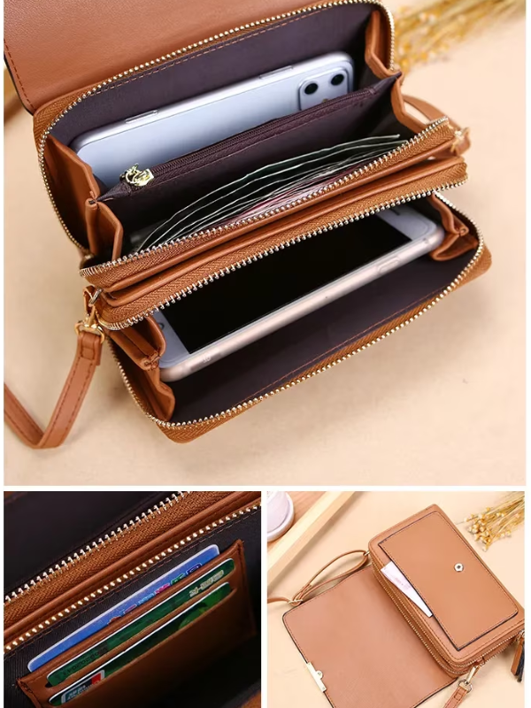 Tan leather Fitlybuy crossbody bag with zippered compartments, card slots, and space for a smartphone.