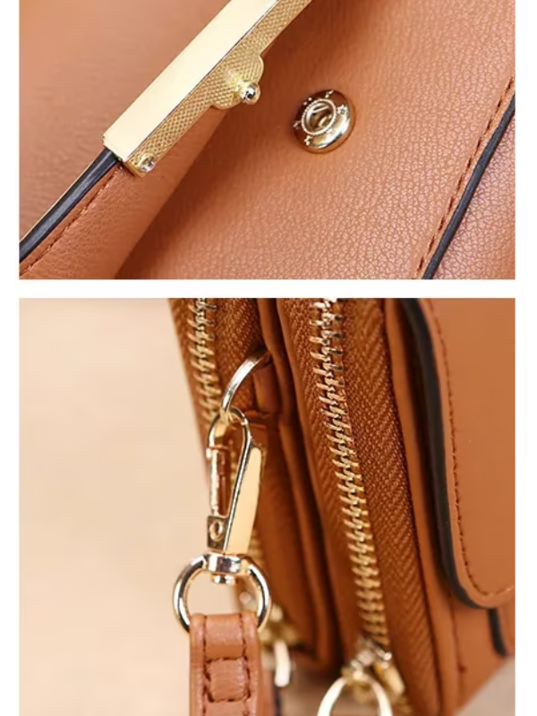 Close-up of a tan Fitlybuy leather crossbody bag featuring gold metal hardware, zippers, and a secure snap closure.
