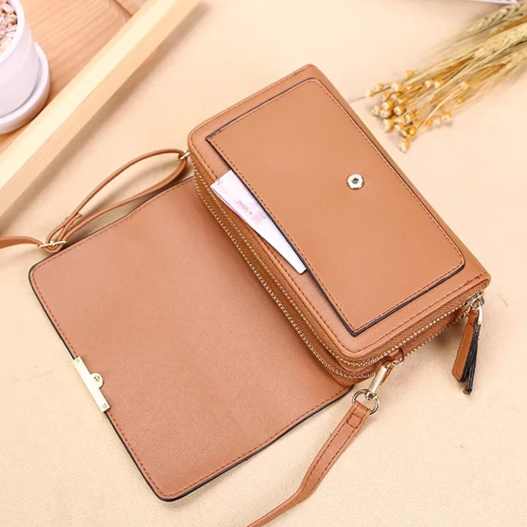 Tan Fitlybuy leather crossbody bag with dual zippered compartments, a front snap pocket, and a slim shoulder strap.