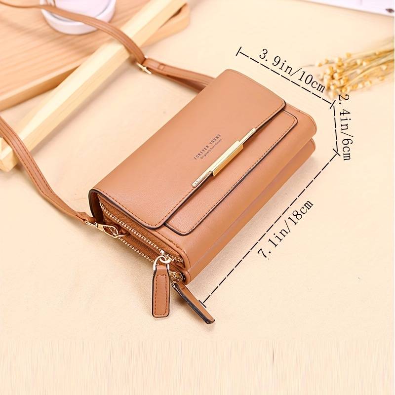 Tan leather Fitlybuy crossbody bag with gold hardware, showing dimensions: 7.1" x 3.9" x 2.4".