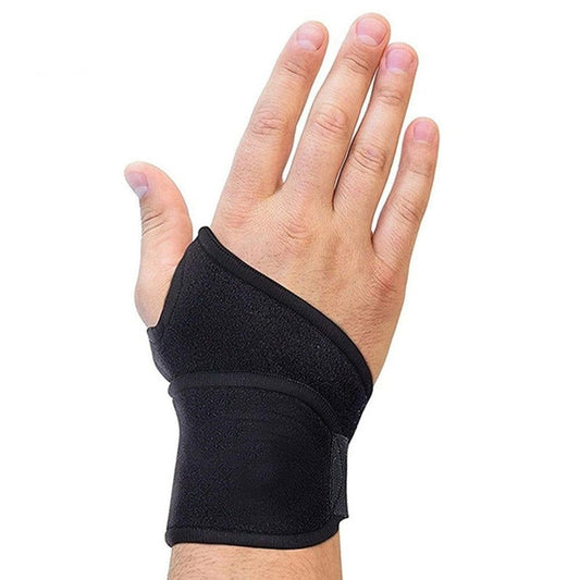 Fitlybuy black carpal tunnel wrist brace with adjustable ComfortFlex strap on a person's hand against a white background.