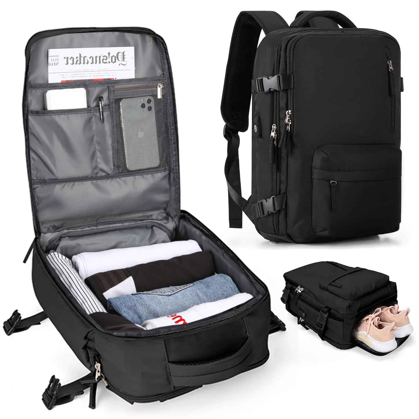 Black Fitlybuy travel backpack showing organized compartments, packed clothes, a shoe pocket, and USB charging port.